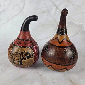Set of 2 Hand Painted Gourds Earth Tones African Animals Elephants Guineas